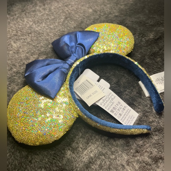 NWT-Disney Minnie Ear Headband 50th Anniversary Gold Sequin EARidescent Blue Bow - Picture 3 of 6